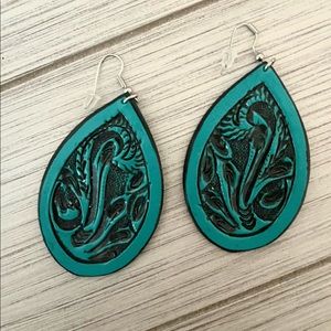 Tear drop Turquoise tooled Leather Earrings